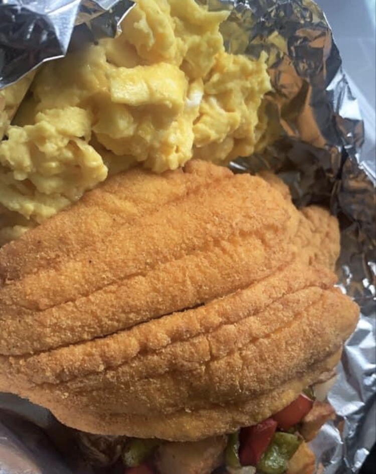 Fish With Scrambled Eggs And Home Fries